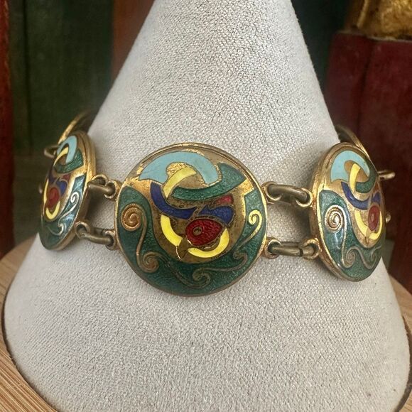 Vintage Cloisonné Enamel Link Bracelet - Picture 1 of 9